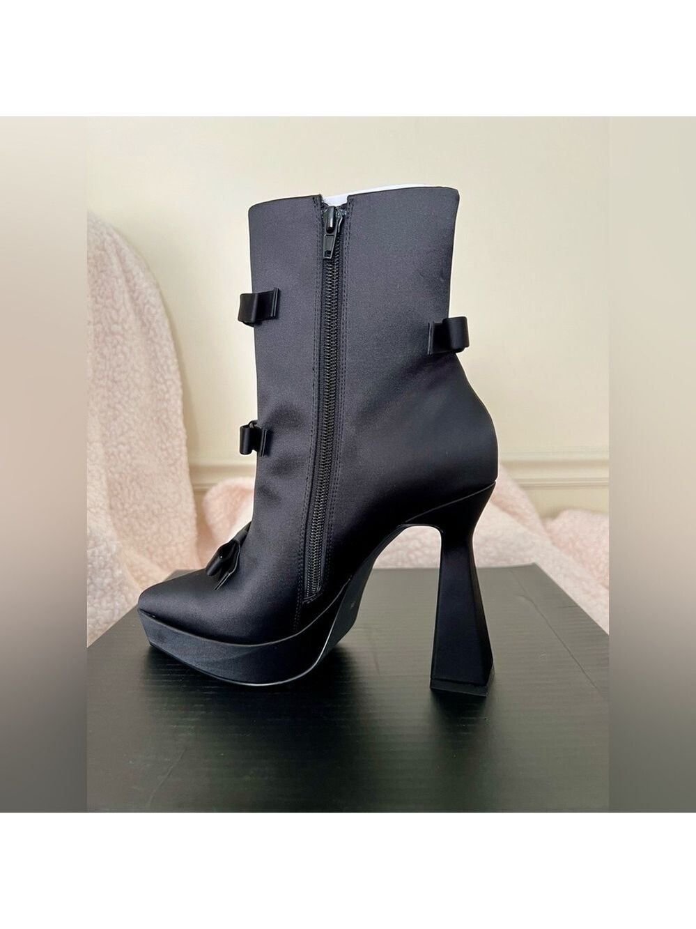 NIB Dolls Kill Widow Mourning Belle Heeled Booties Black Pointed Tow Bow Satin - Picture 6 of 13